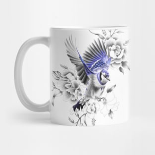 Blue Jay Flying Away with Flowers Design Mug